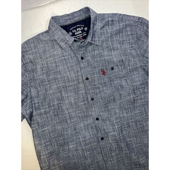 US Polo Association Men’s Large Short Sleeve Button Up Navy Denim Grid Shirt - Picture 3 of 9